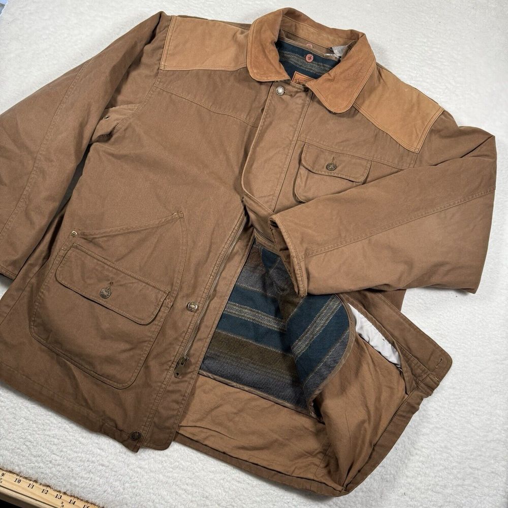 VTG Hunt Club Chore Coat Mens Large Brown Flannel Lined Leather Trim Barn Jacket